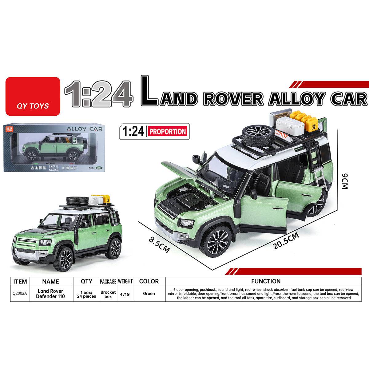 Q2002A 1:24 Land Rover Defender 110 Alloy Diecast Model Car in green with detailed design, opening doors, and roof accessories in packaging.