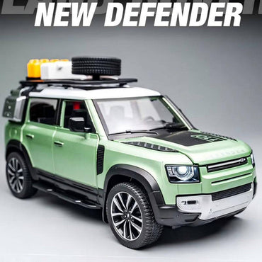 Close-up of Q2002A 1:24 Land Rover Defender 110 Alloy Diecast Model Car showcasing realistic headlights, roof rack, and rugged design.