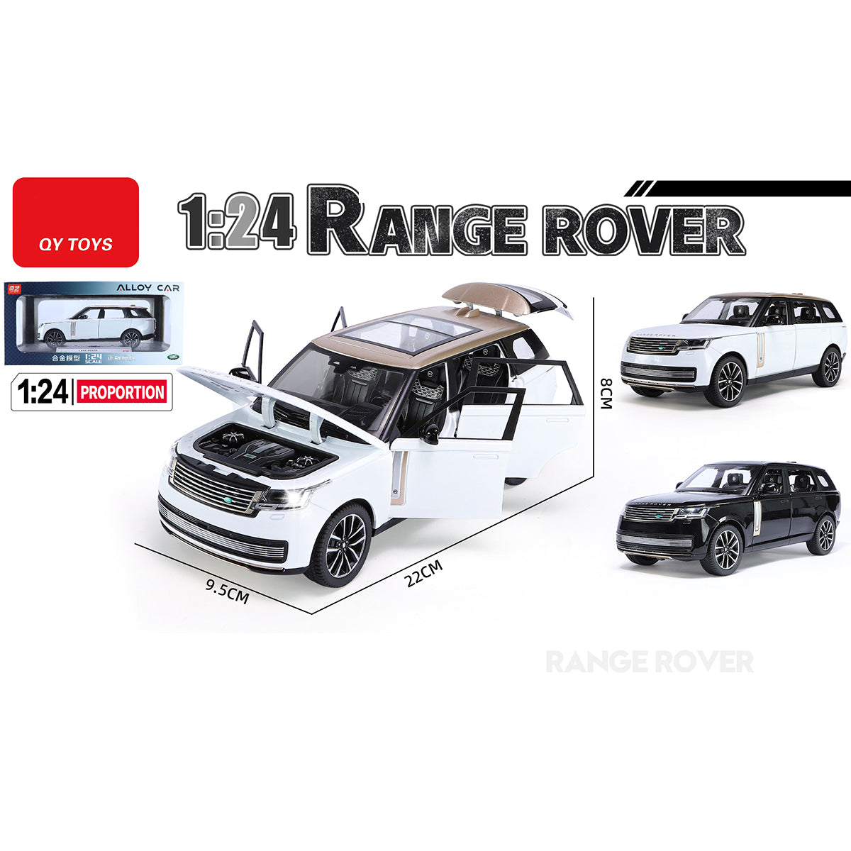QY Toys 1:24 Alloy Die-Cast Range Rover Car Model in white with panoramic roof and detailed features, ideal for luxury toy car collections.