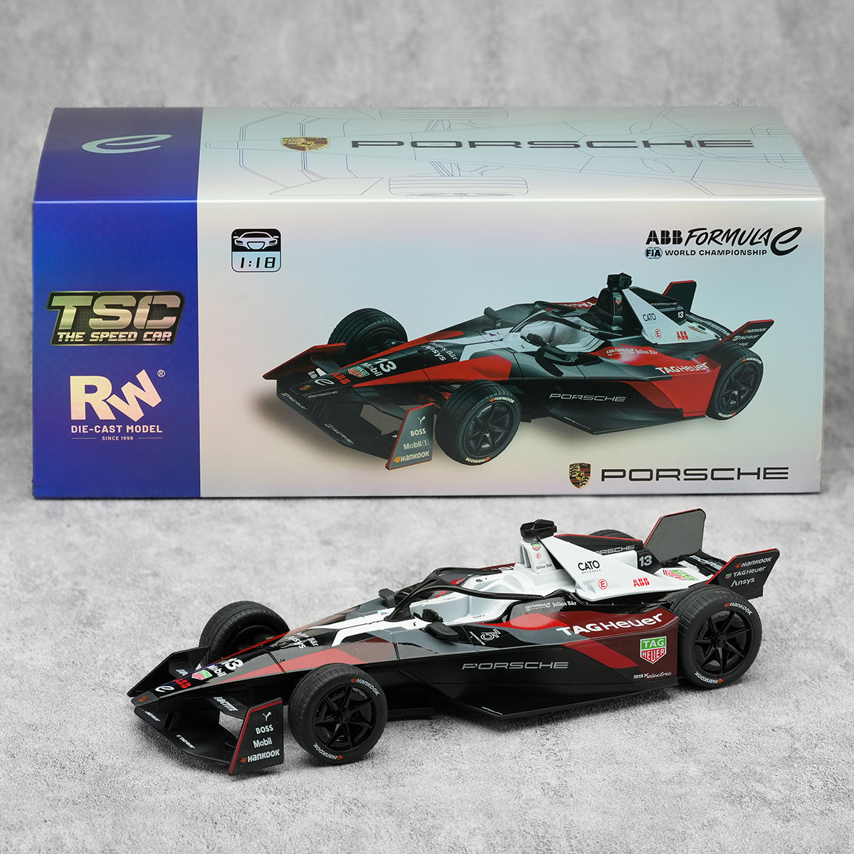 TOPTOY 1:18 Car Model The Speed Car Die-Cast Model showcasing Porsche Formula E race car in red, black, and white, ideal for motorsport toy fans.