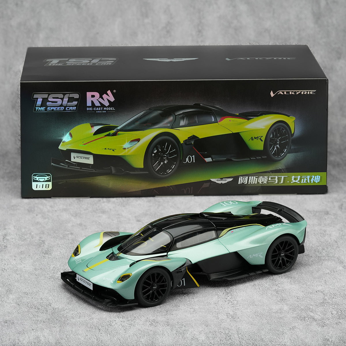 TOPTOY 1:18 Car Model The Speed Car Die-Cast Model of Aston Martin Valkyrie in mint green with black and yellow accents, great for supercar collectors.