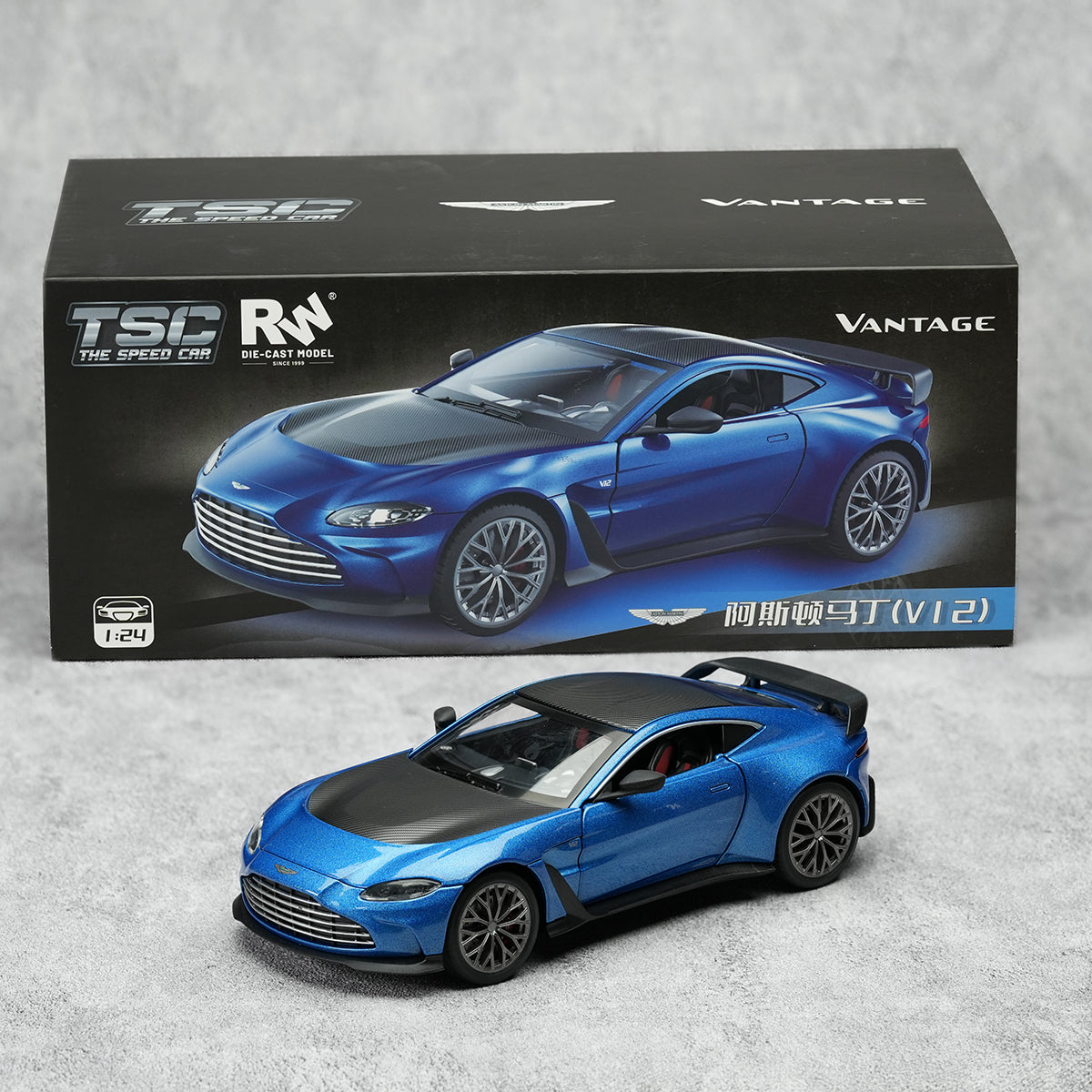 TOPTOY 1:24 Car Model The Speed Car Die-Cast Model of Aston Martin Vantage in metallic blue with black hood, perfect for toy car and truck lovers.