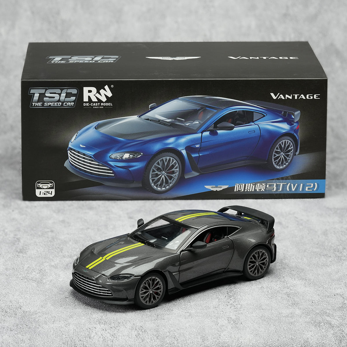 TOPTOY 1:24 Car Model The Speed Car Die-Cast Model featuring Aston Martin Vantage in matte grey with yellow stripes, ideal for action vehicle displays.