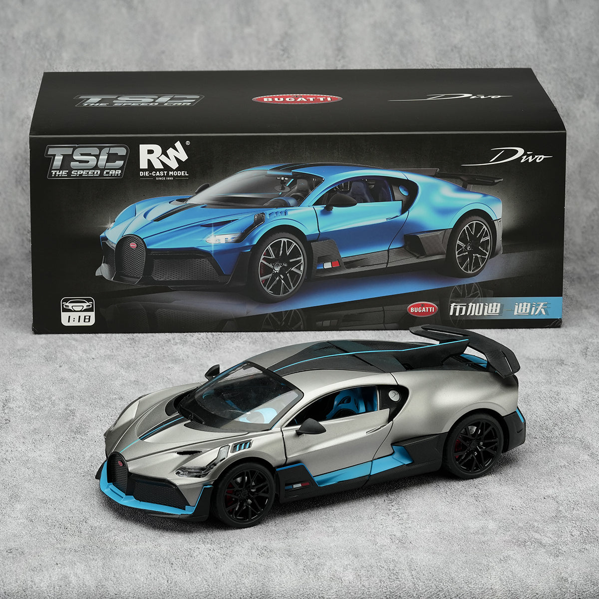 TOPTOY 1:18 Car Model The Speed Car Die-Cast Model of Bugatti Divo in silver and blue finish, a premium addition to toy cars and trucks collections.