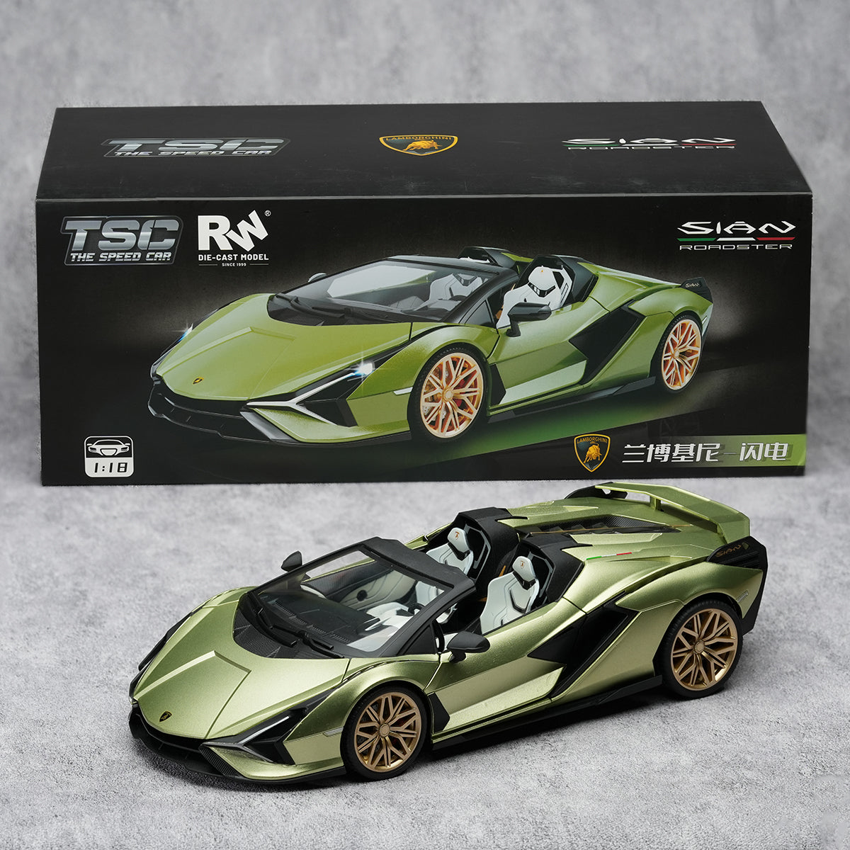 TOPTOY 1:18 Car Model The Speed Car Die-Cast Model in metallic green Lamborghini Sián design with gold wheels, ideal for collectors of toy cars.