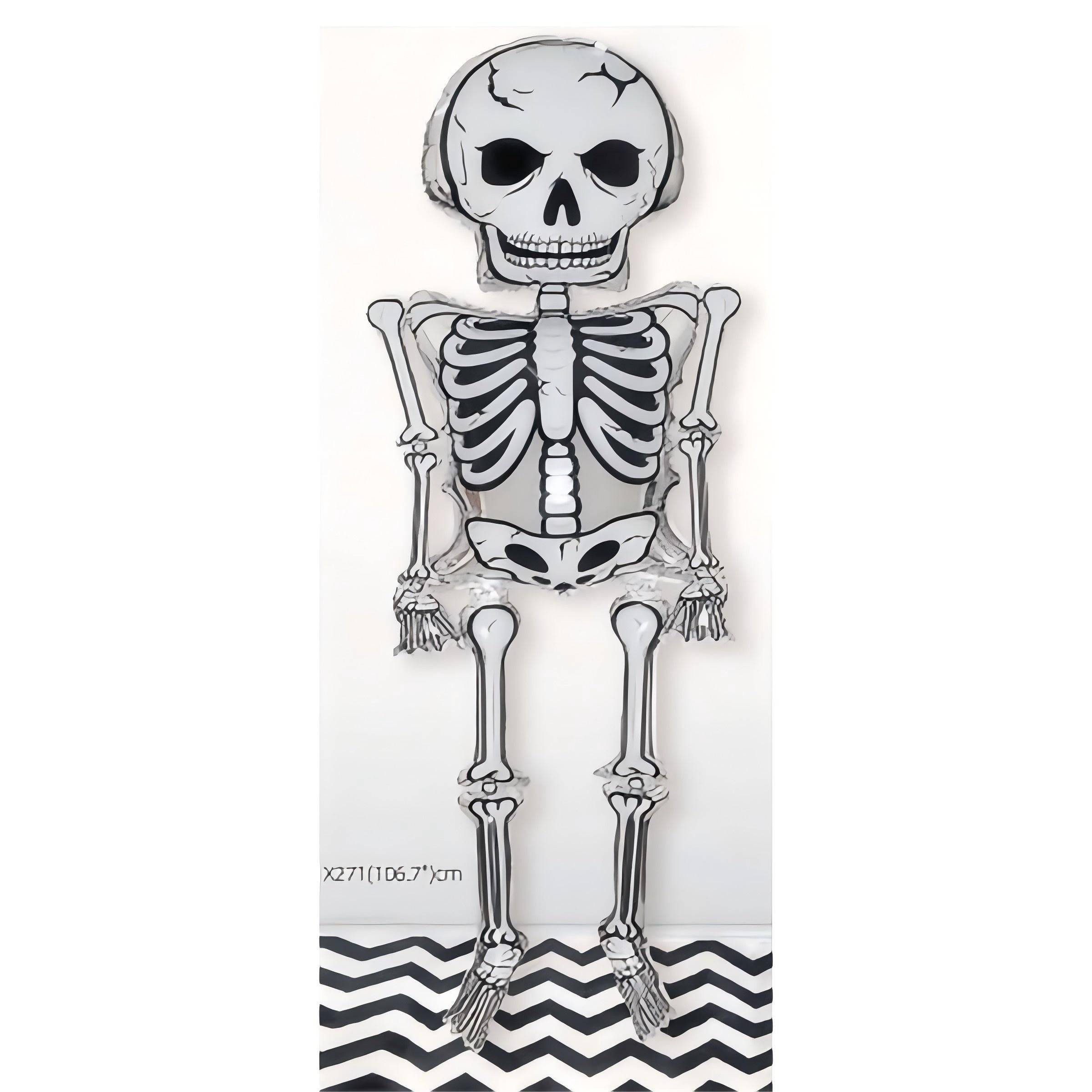 Life-size skeleton foil balloon with detailed bone structure, perfect for Halloween party decorations and haunted house setups.