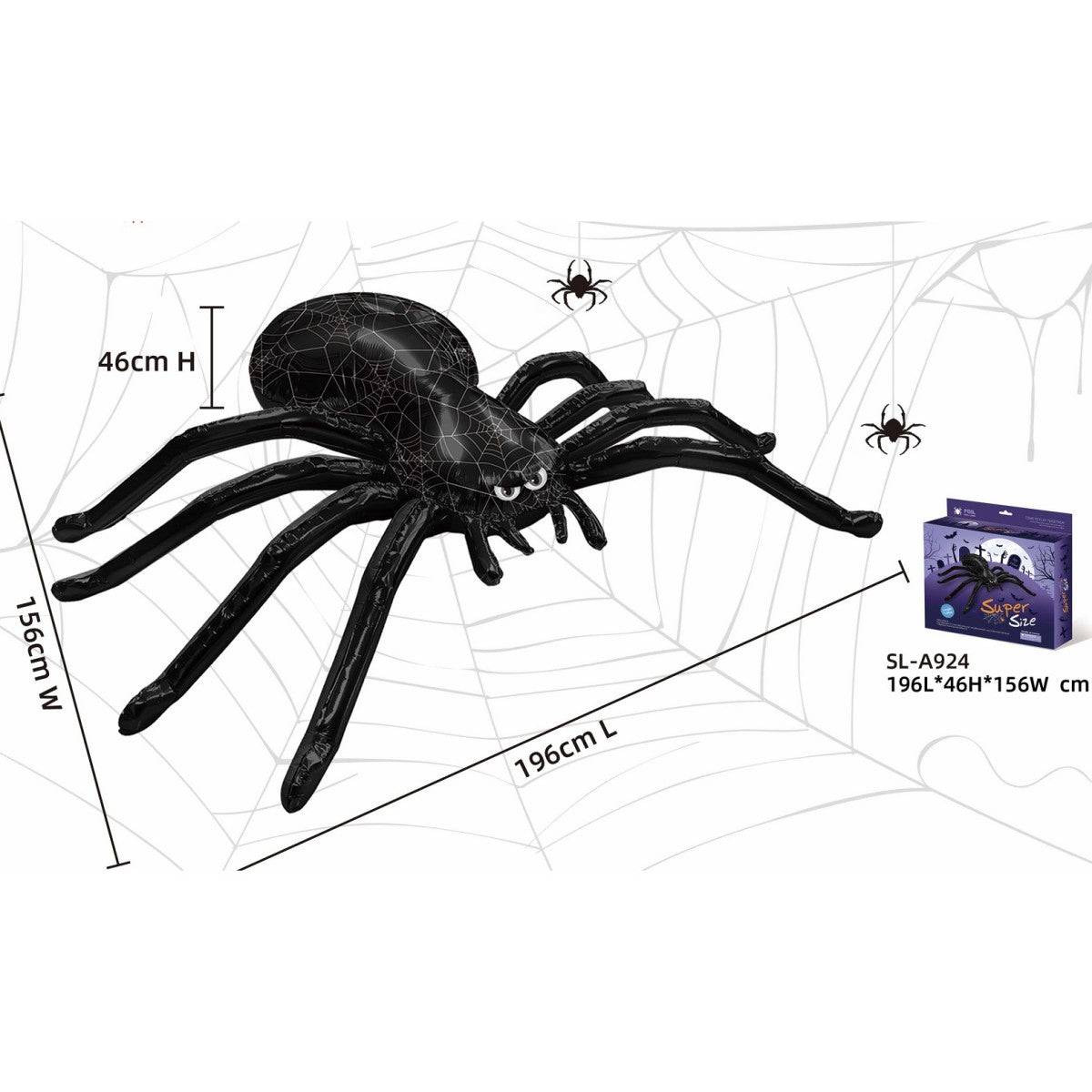 Giant black spider foil balloon with web details, measuring 196cm in length. A perfect Halloween decoration for haunted house themes and parties.