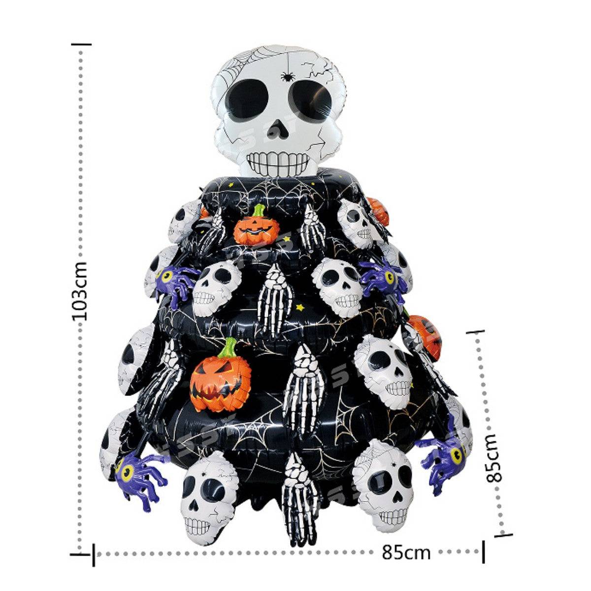 Super-sized Halloween skull foil balloon with spooky skeleton, pumpkins, and spider decorations. Perfect for Halloween party decor and celebrations.