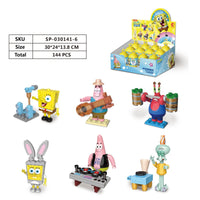 Display of SpongeBob SquarePants capsule toys with six character designs and packaging details, including SKU SP-030141-6 and total 144 pieces.