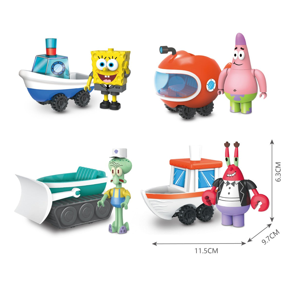 SpongeBob SquarePants Blind Box Transportation Vehicles featuring SpongeBob, Patrick, Squidward, and Mr. Krabs with themed vehicles.