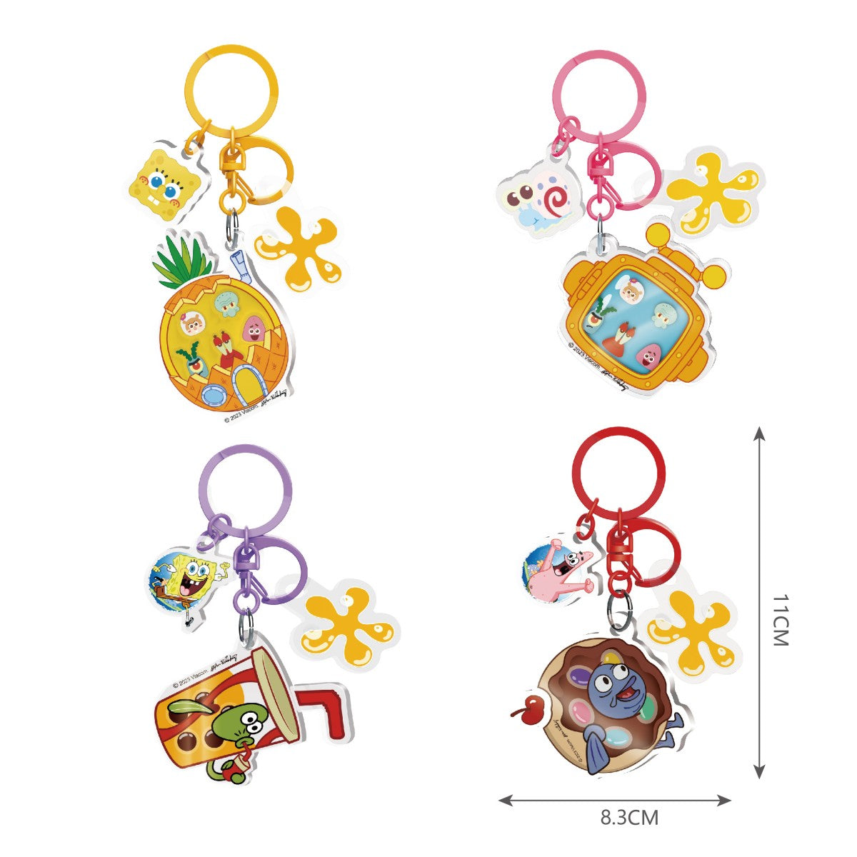 Four SpongeBob SquarePants blind bag keychains featuring colorful designs, including a pineapple, TV, drink cup, and donut, with dimensions labeled.