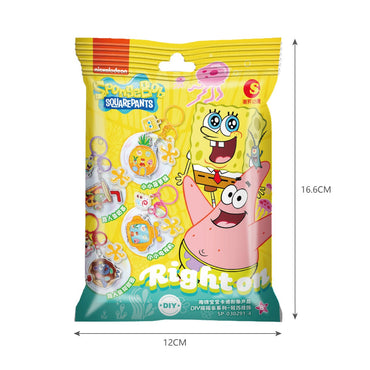 SpongeBob SquarePants blind bag packaging featuring SpongeBob and Patrick illustrations, product dimensions, and vibrant design.