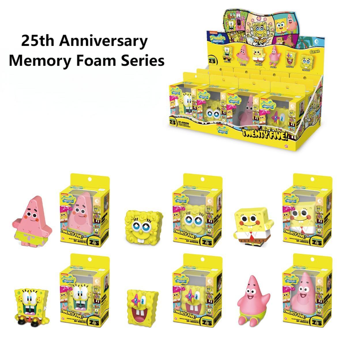 Display box for SpongeBob SquarePants 25th Anniversary Memory Foam Blind Box Series, featuring multiple collectible figures and packaging.