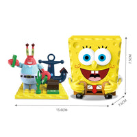 SpongeBob SquarePants Blind Box featuring Mr. Krabs and anchor-themed building blocks. Includes SpongeBob figure, 15.6cm x 7.5cm dimensions.