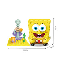 SpongeBob SquarePants Blind Box featuring Squidward with seashell-themed building blocks. Includes SpongeBob figure, 13.9cm x 7.5cm dimensions.