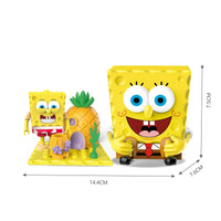 SpongeBob SquarePants Blind Box featuring SpongeBob and pineapple house-themed building blocks. Includes SpongeBob figure, 14.4cm x 7.5cm dimensions.