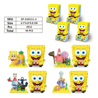 SpongeBob SquarePants Blind Box collection showcasing 48 pieces, including SpongeBob, Patrick, Squidward, and pineapple-themed building blocks.