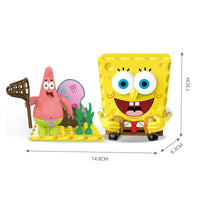 SpongeBob SquarePants Blind Box featuring Patrick with jellyfish-catching net and underwater-themed building blocks. Includes SpongeBob figure, 14.8cm x 7.5cm dimensions.