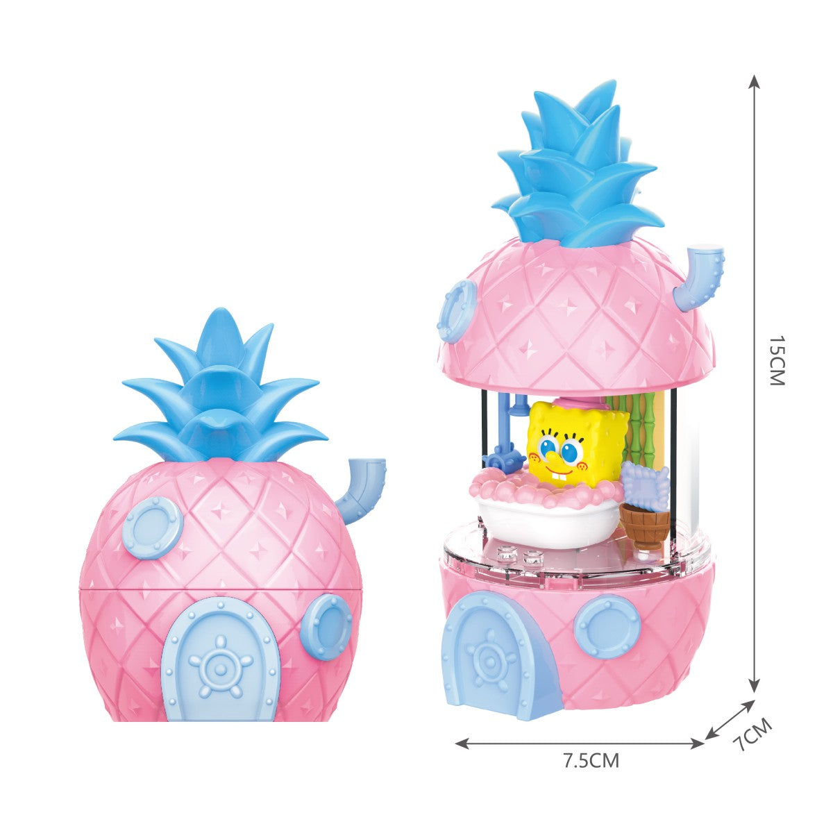 Pink SpongeBob SquarePants Blind Box Happy Pineapple House toy with a vibrant design and SpongeBob figurine inside, measuring 7.5cm x 15cm.