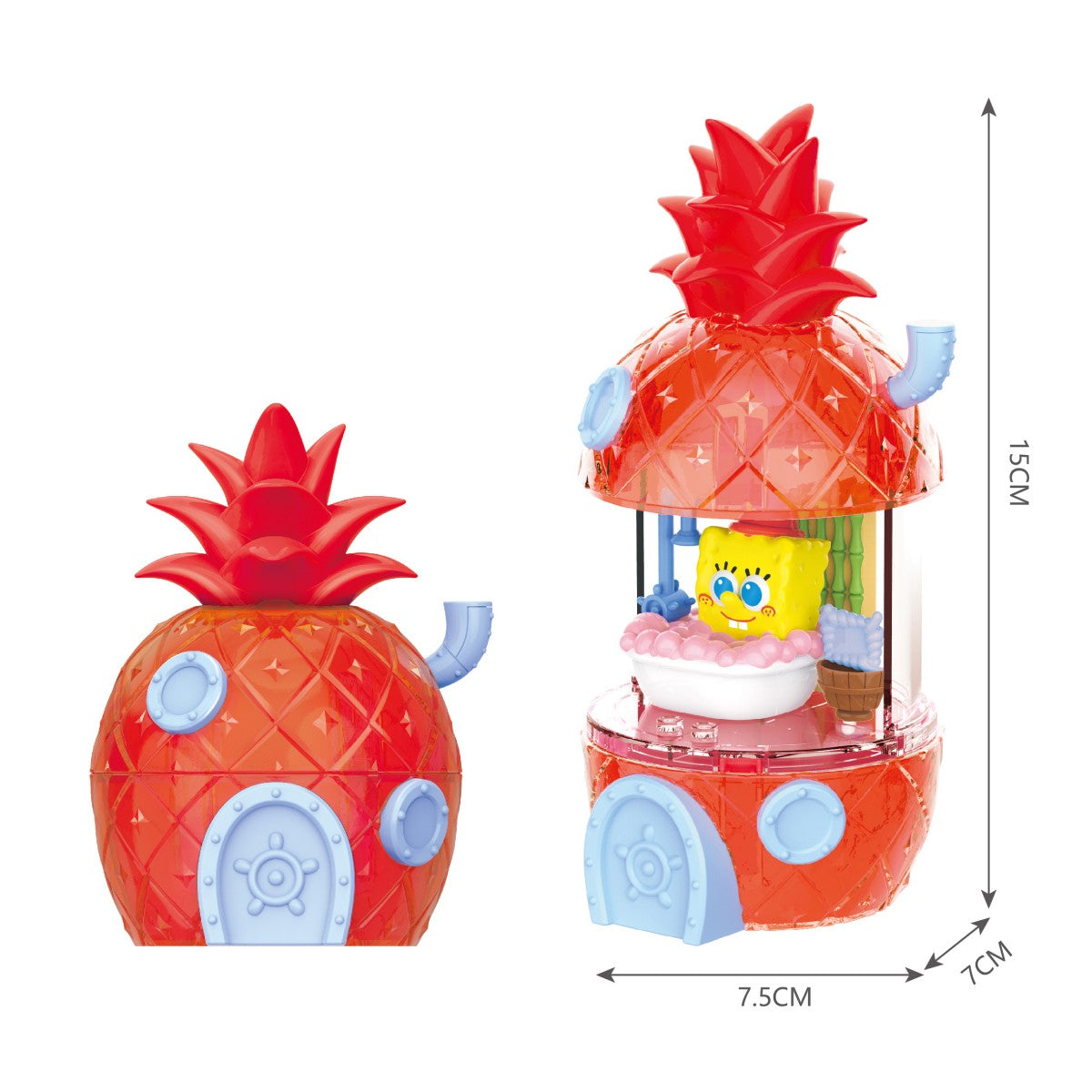 Red SpongeBob SquarePants Blind Box Happy Pineapple House toy with a bright design and SpongeBob figurine inside, measuring 7.5cm x 15cm.