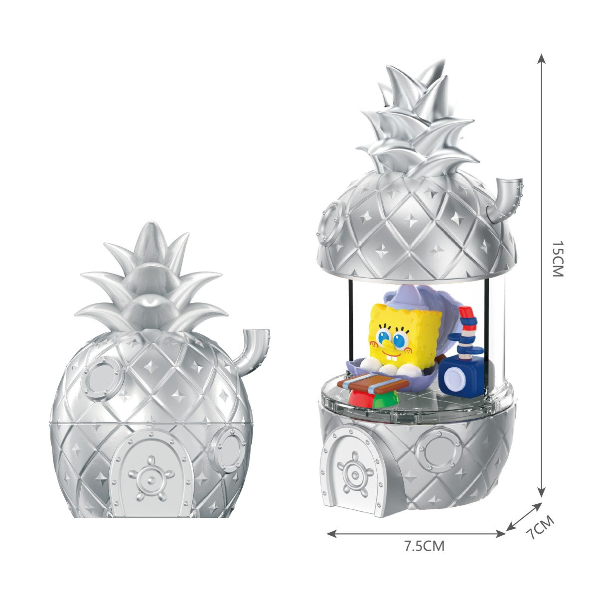 Silver SpongeBob SquarePants Blind Box Happy Pineapple House toy with a metallic finish and SpongeBob figurine inside, measuring 7.5cm x 15cm.