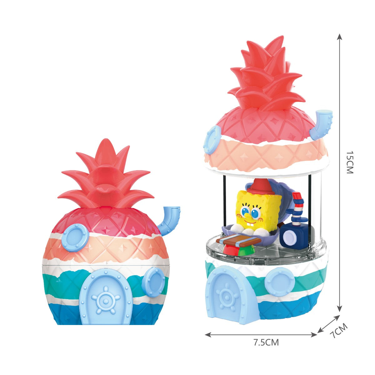 Close-up of a red and striped SpongeBob SquarePants Blind Box Happy Pineapple House toy, showing intricate details and dimensions of 7.5cm x 15cm.