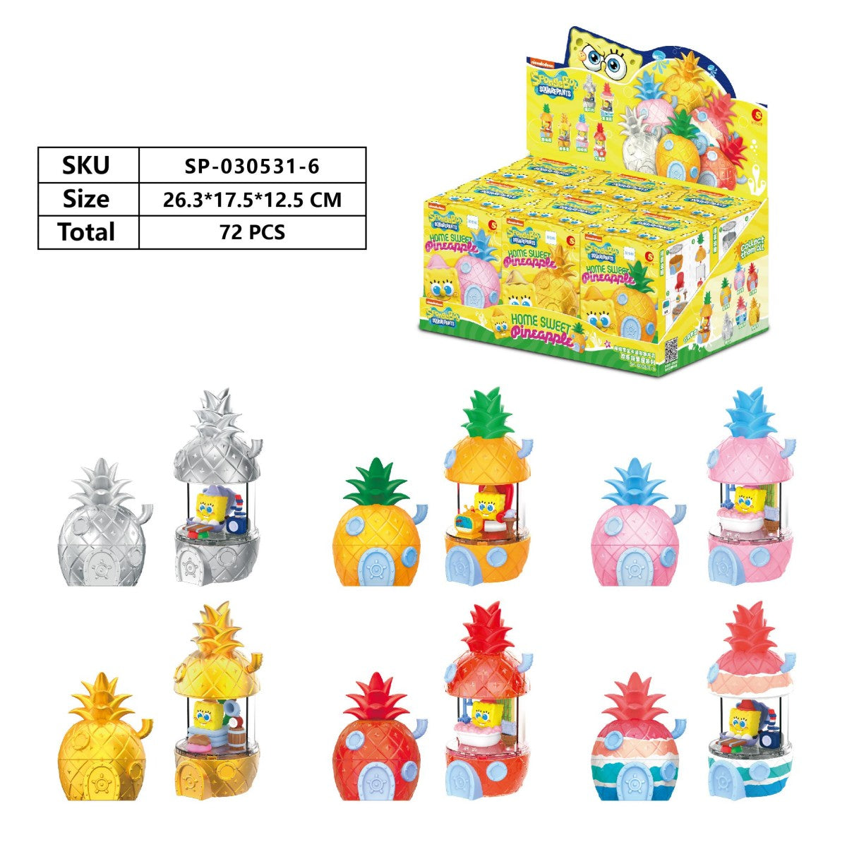 Display box containing multiple SpongeBob SquarePants Blind Box Happy Pineapple House toys, with dimensions and product details visible.