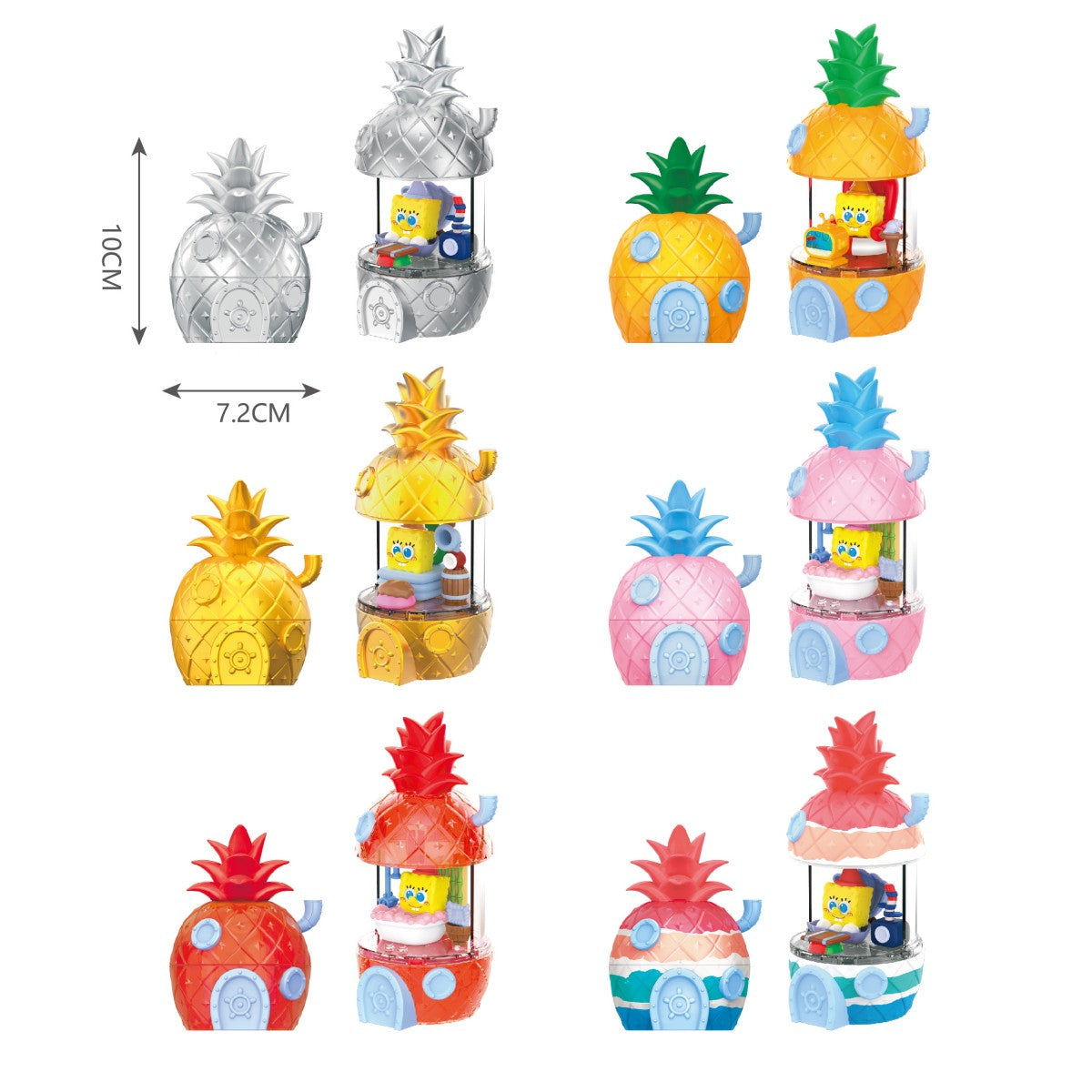 Set of SpongeBob SquarePants Blind Box Happy Pineapple House toys in various colors and designs, featuring detailed pineapple-shaped houses with SpongeBob figurines inside.