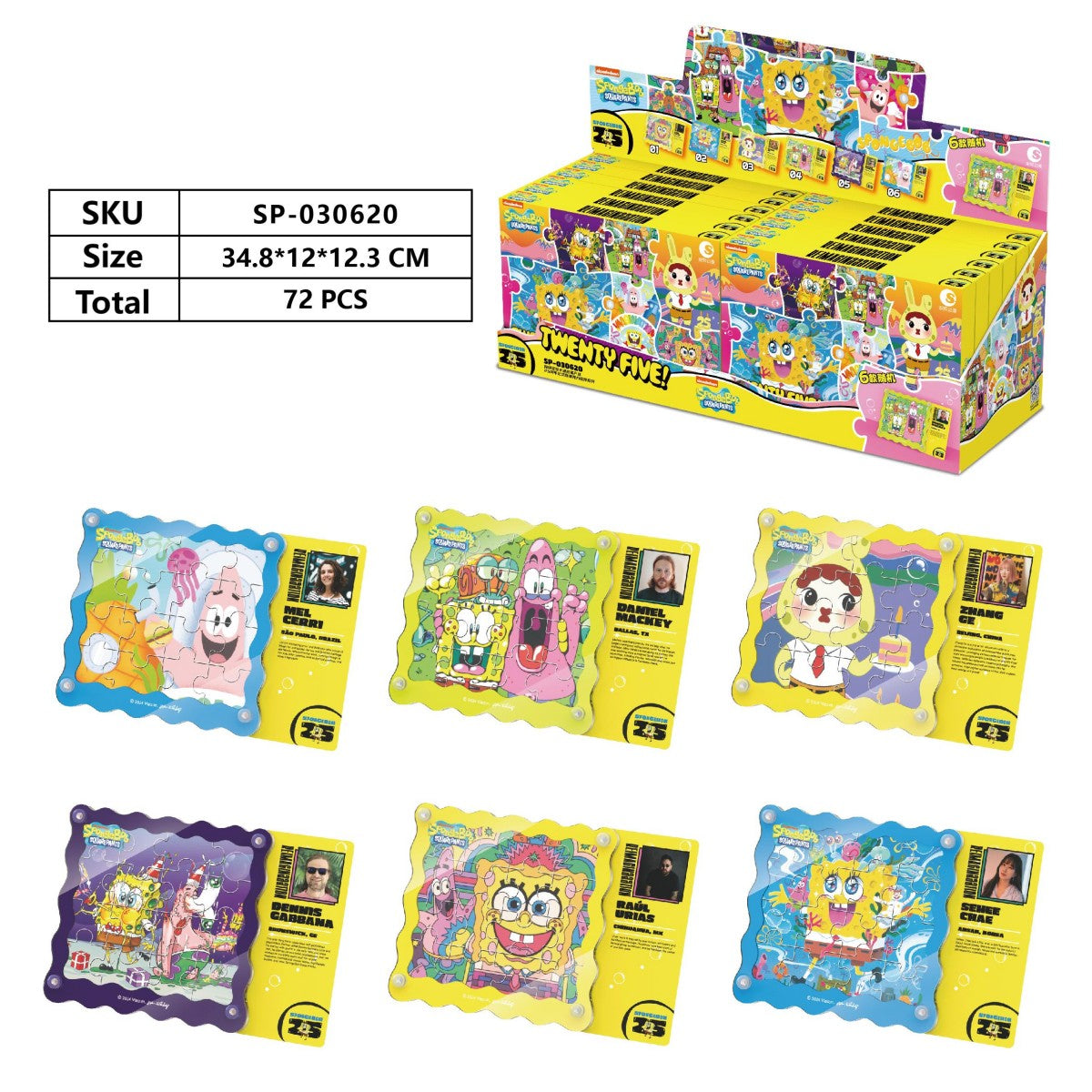 Display box of SpongeBob SquarePants Blind Box 25th Anniversary Edition with 72 pieces, featuring six unique ornament designs and dimensions.