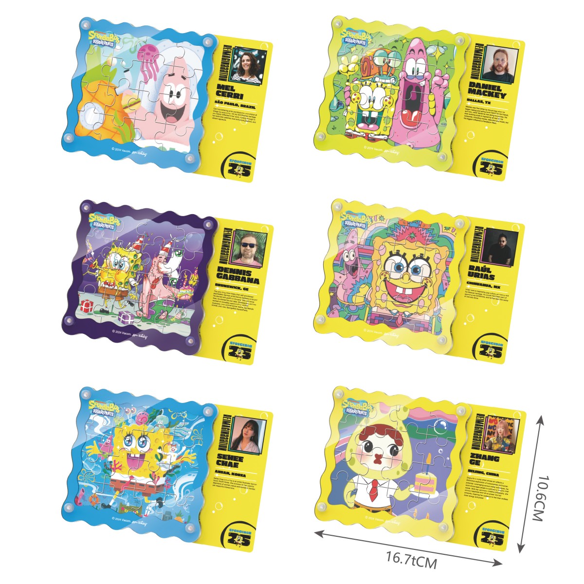 SpongeBob SquarePants Blind Box 25th Anniversary Edition featuring six acrylic ornament designs with character profiles and vibrant colors.