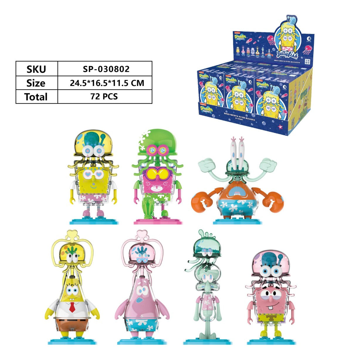 SpongeBob SquarePants Blind Box Jellyfish Series set with SKU SP-030802, showcasing 72 pieces and character designs in a display box.