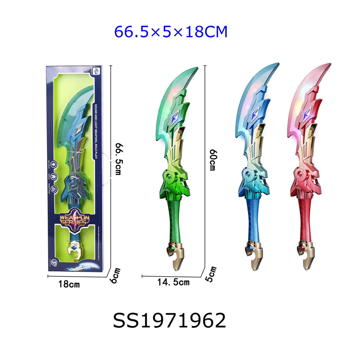 SEA&SUN Toy Swords with Music and Light(Random Color), curved blade design in vibrant colors, 60cm length, includes sound and light effects.