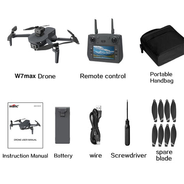 WBRC W7 Max GPS Drone With Screen Control 4K HD Camera full kit including drone, remote control with screen, battery, charger, and accessories.