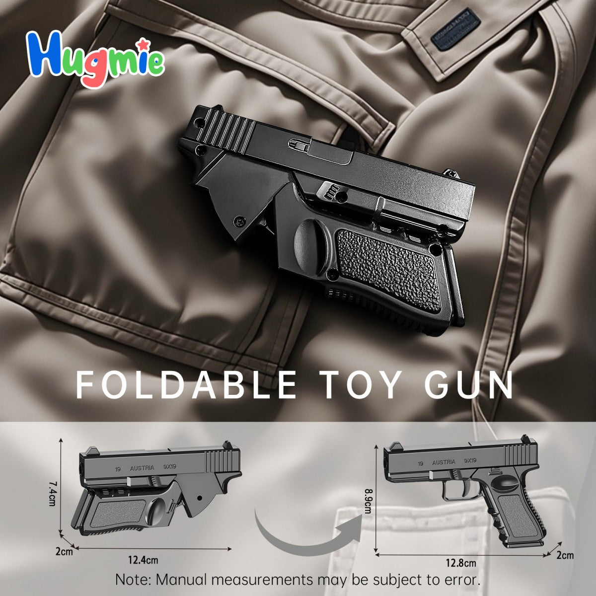 Foldable Half Die-Alloy Soft Bullet Gun Model Toy with Rubber Bullet placed on tactical gear. Compact and portable design for easy storage.