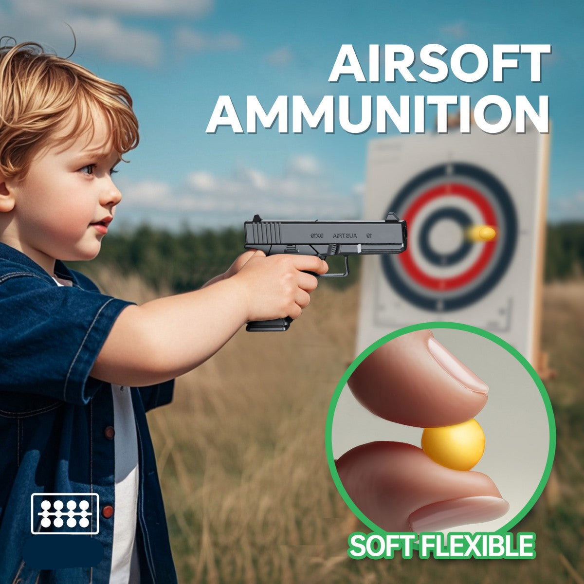 Child aiming the Half Die-Alloy Soft Bullet Gun Model Toy with Rubber Bullet at a target, demonstrating soft flexible airsoft ammunition for safe play.