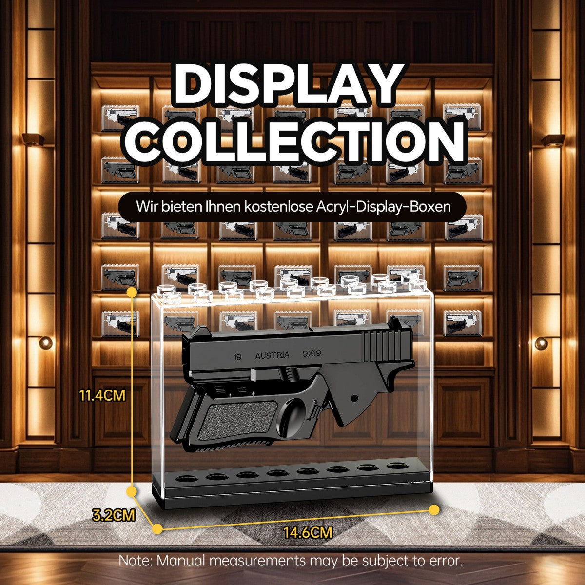 Display collection of the Half Die-Alloy Soft Bullet Gun Model Toy with Rubber Bullet in an acrylic showcase. Ideal for collectors and enthusiasts.