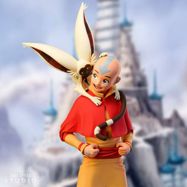 Close-up of ABYstyle Studio Avatar The Last Airbender Aang SFC Figure, showcasing Aang and Momo with a scenic background.