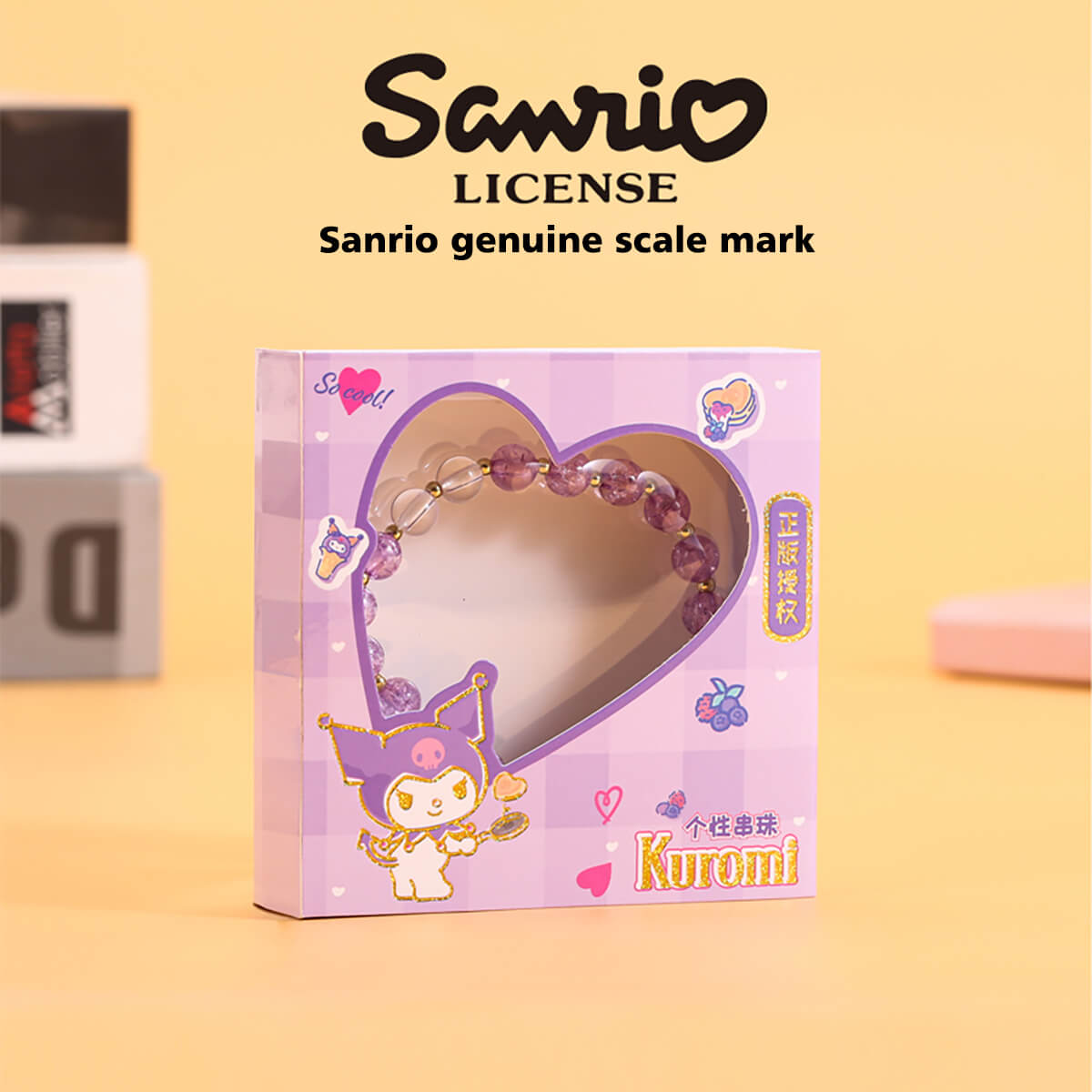 DYD014 Sanrio Cute Anime Crystal Bracelet in purple packaging featuring Kuromi design. Officially licensed Sanrio jewelry with heart-shaped window.