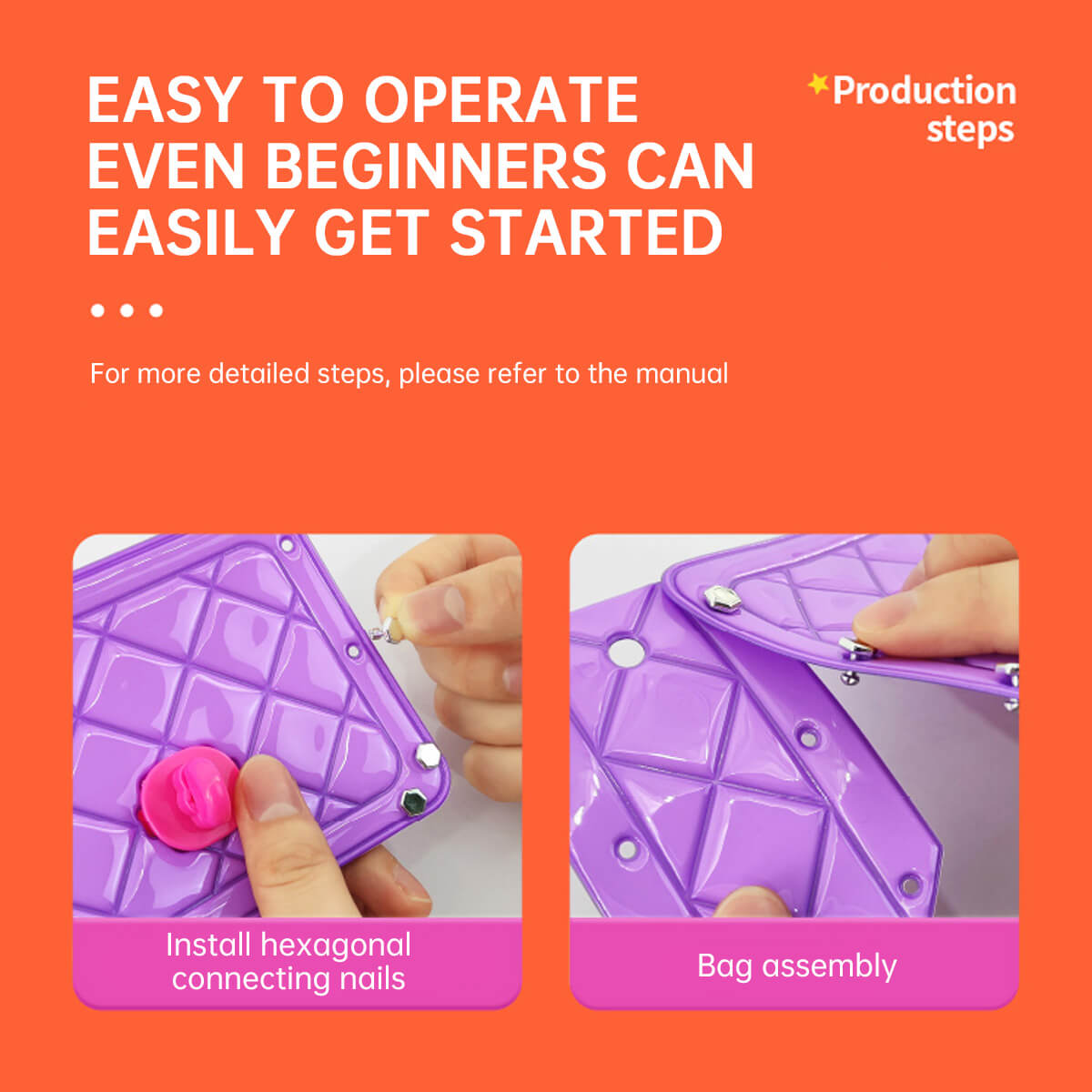 Girls Toy DIY Mini Bag Making Kit with easy assembly steps. Features hexagonal connecting nails and bag assembly for beginners.