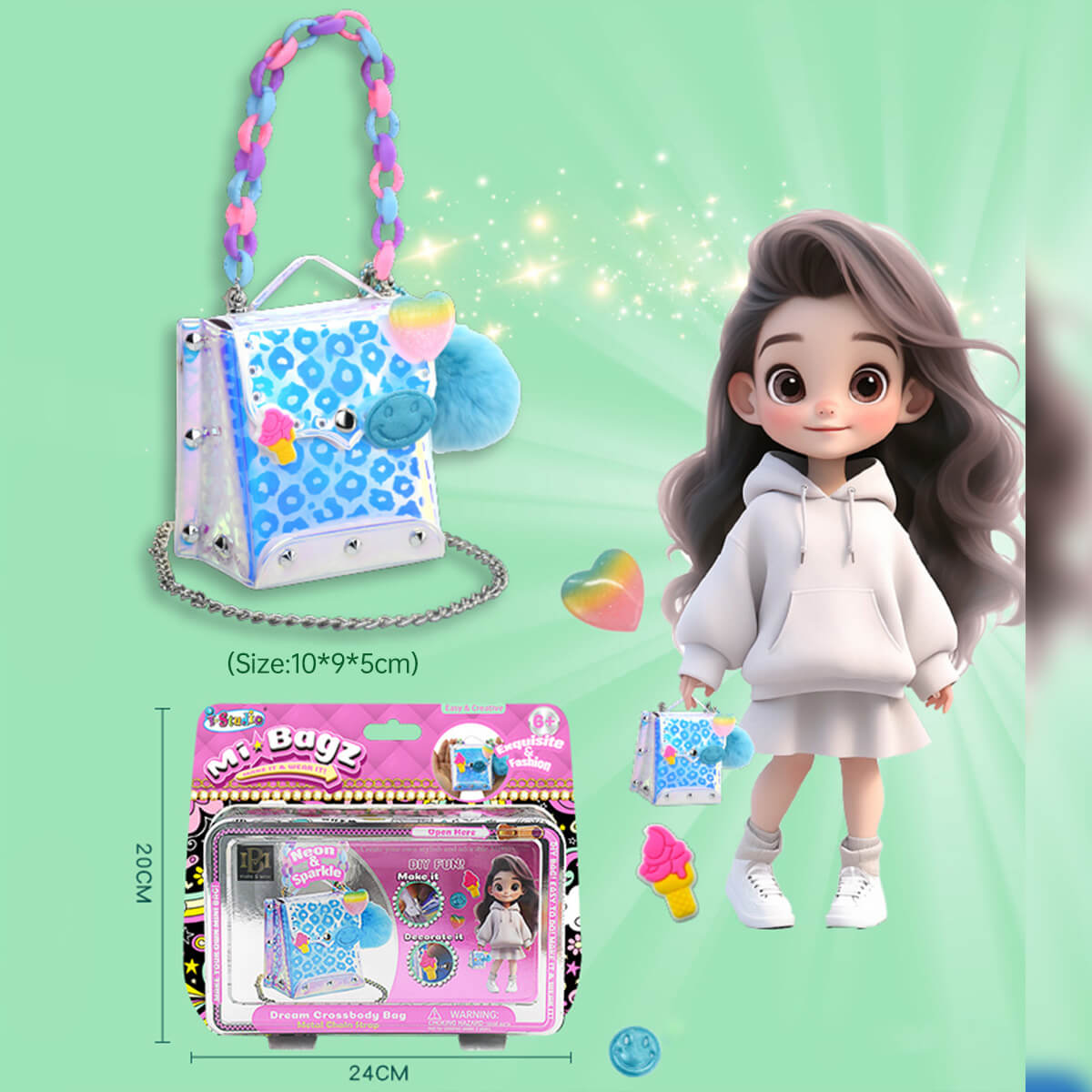 Best Girls Toy DIY Mini Bag Making Kit by HugmieToys, featuring a stylish blue and white handbag with chain strap, colorful beads, and accessories for creative crafting.