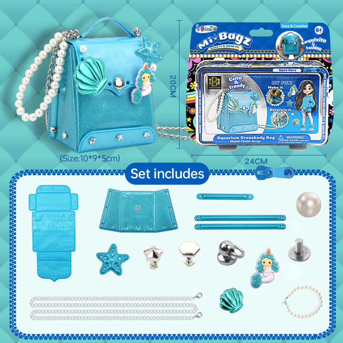 Best Girls Toy DIY Mini Bag Making Kit by HugmieToys. Create a stylish blue handbag with pearl strap, seashell, and mermaid charms. Perfect for kids' creative play.
