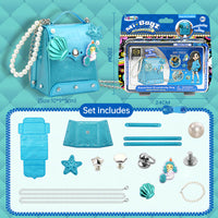 Best Girls Toy DIY Mini Bag Making Kit by HugmieToys. Create a stylish blue handbag with pearl strap, seashell, and mermaid charms. Perfect for kids' creative play.