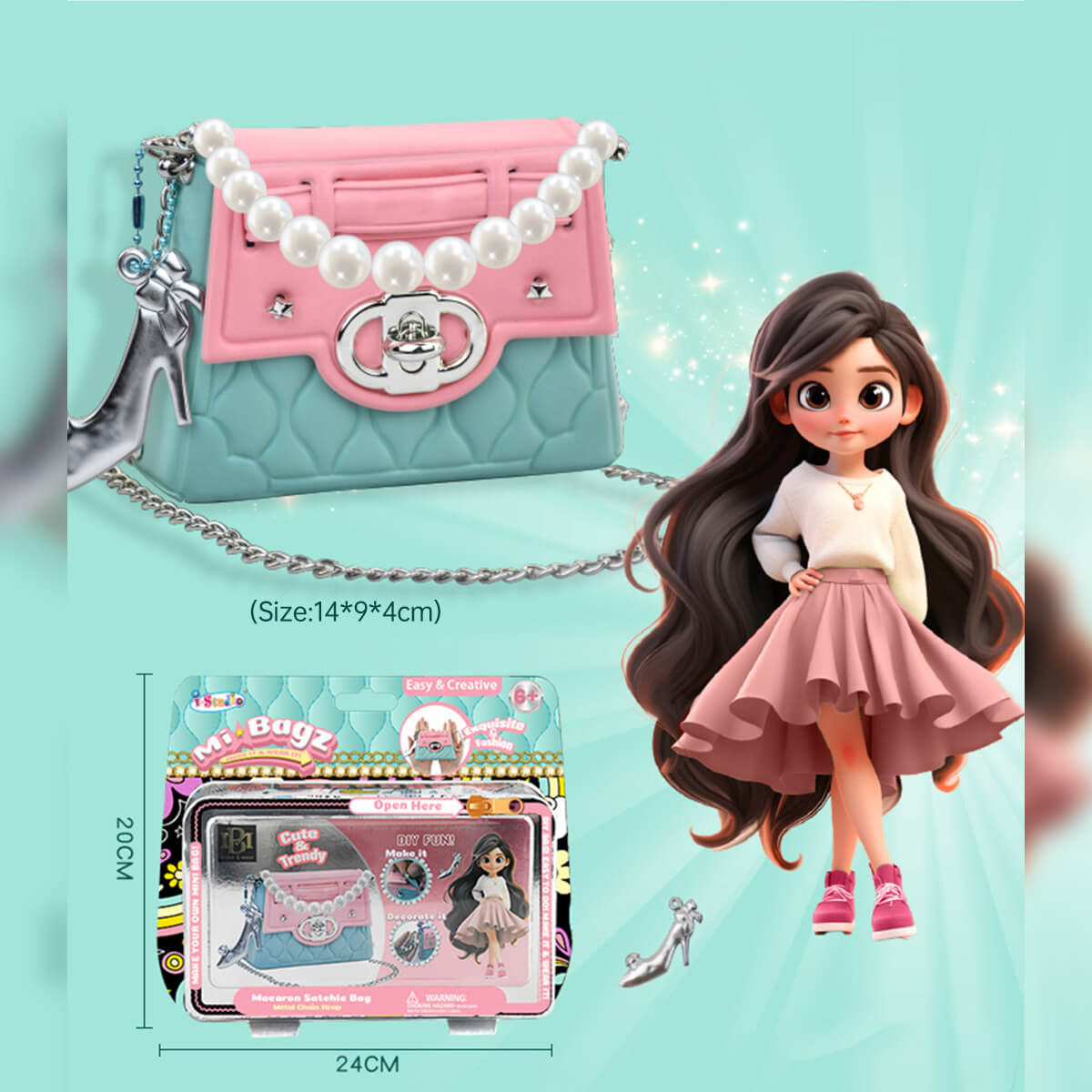 Best Girls Toy DIY Mini Bag Making Kit by HugmieToys. Create a stylish pink and blue handbag with pearl details, a silver chain, and a cute charm. Perfect for kids' creative play.