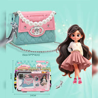 Best Girls Toy DIY Mini Bag Making Kit by HugmieToys. Create a stylish pink and blue handbag with pearl details, a silver chain, and a cute charm. Perfect for kids' creative play.