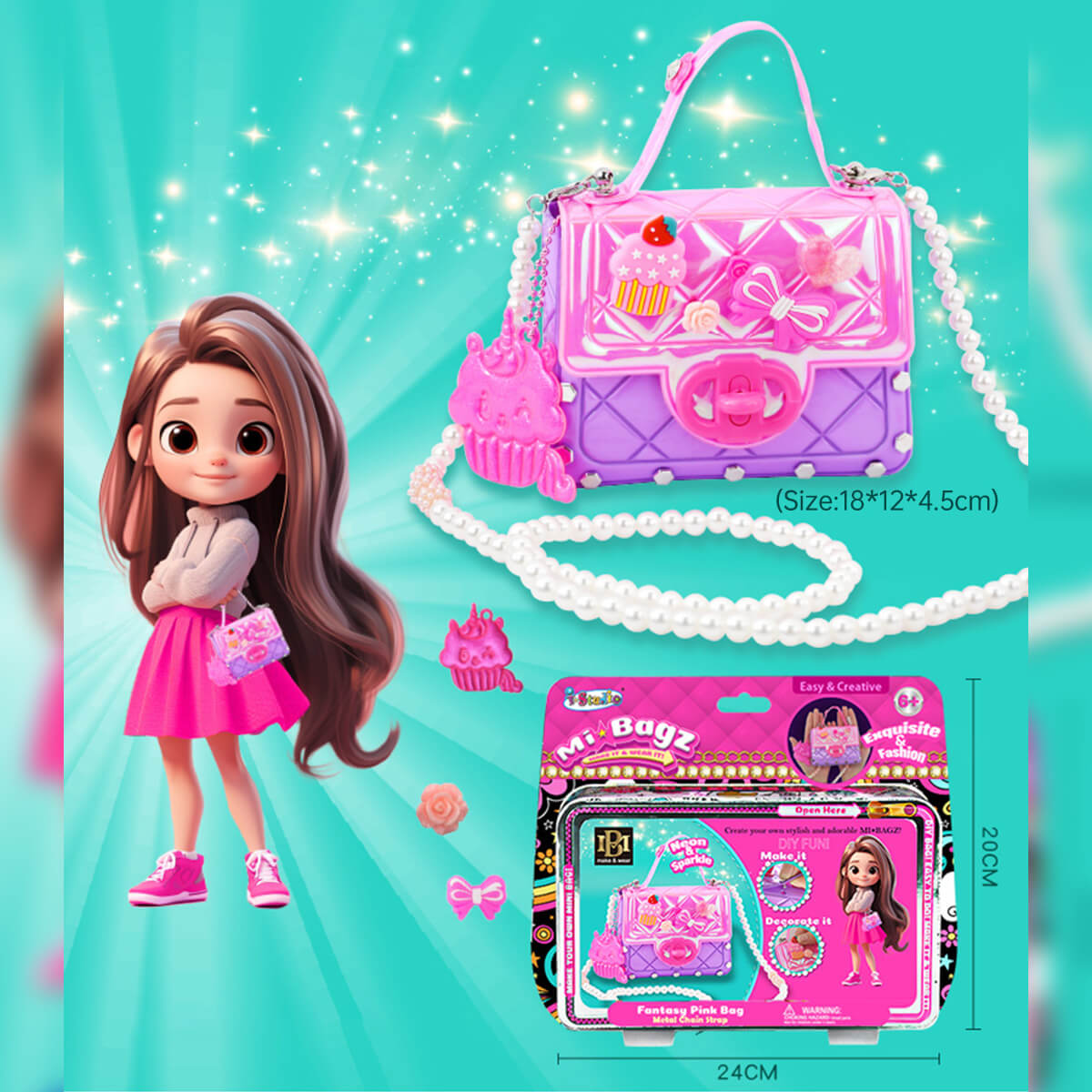 Best Girls Toy DIY Mini Bag Making Kit by HugmieToys. Create a stylish pink and purple handbag with pearl straps, cupcake charms, and fun accessories.