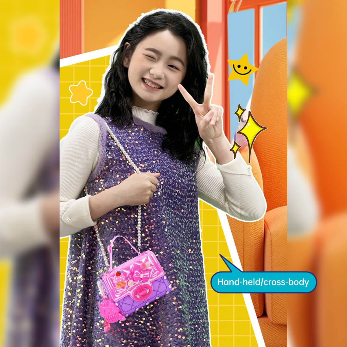 Girls Toy DIY Mini Bag Making Kit featuring a stylish pink mini handbag with decorative elements. Perfect for kids to craft their own unique bag.