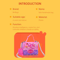 Girls Toy DIY Mini Bag Making Kit by Mi-Bagz, featuring a pink and purple plastic handbag with pearl-like straps. Ideal for kids aged 6 and above.