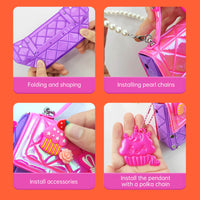 Girls Toy DIY Mini Bag Making Kit with step-by-step assembly, including folding, shaping, and adding pearl chains and cute accessories.