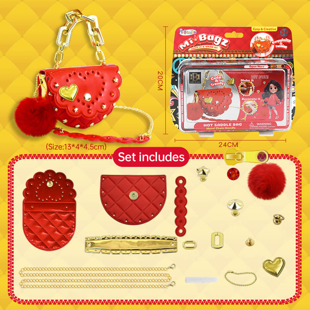 Best Girls Toy DIY Mini Bag Making Kit by HugmieToys. Create a stylish red mini saddle bag with heart details, gold chain, and accessories for kids.