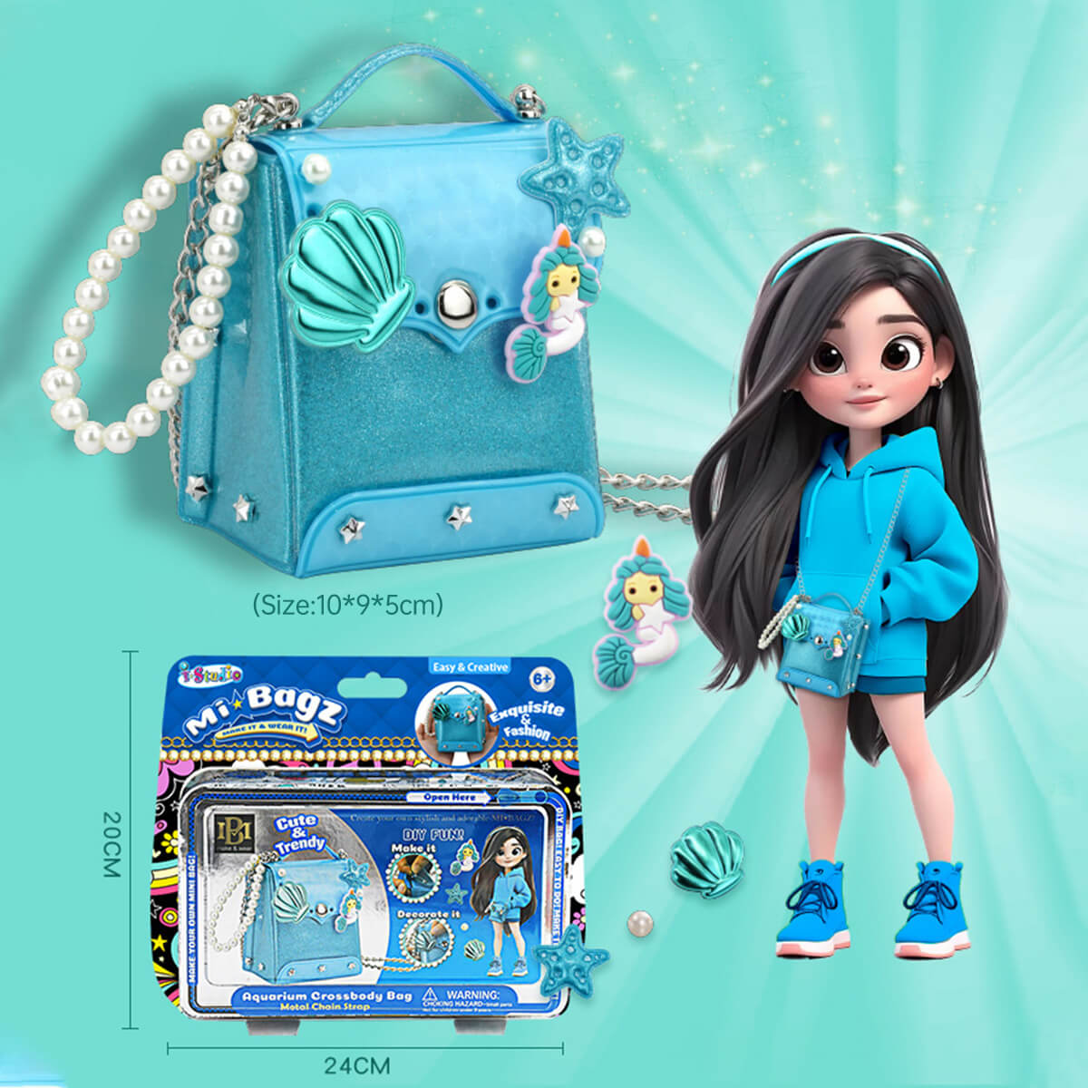 Best Girls Toy DIY Mini Bag Making Kit by HugmieToys. Create a stylish blue handbag with pearl handle, ocean-themed charms, and a cute animated girl illustration.